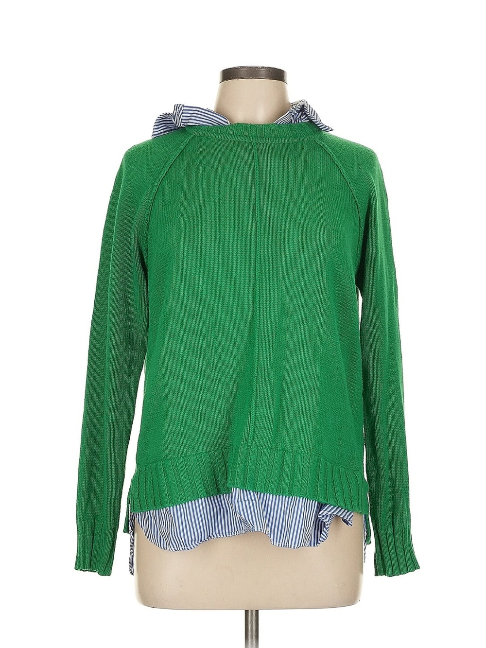 Lauren Ralph Lauren Layered Cotton Sweater Green Striped Poplin Trim L